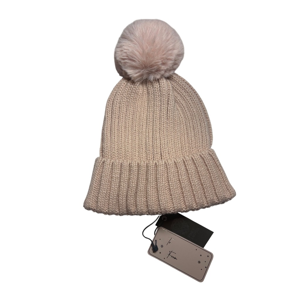 Vince Camuto Blush Pink Ribbed Knit Beanie Faux Fur Pom Pom Hat V9042324 NWT
